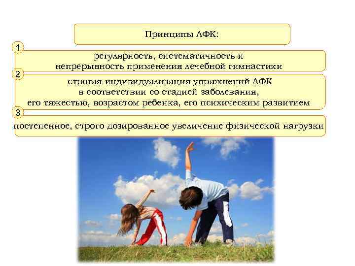 Принципы ЛФК: 1 2 регулярность, систематичность и непрерывность применения лечебной гимнастики строгая индивидуализация упражнений