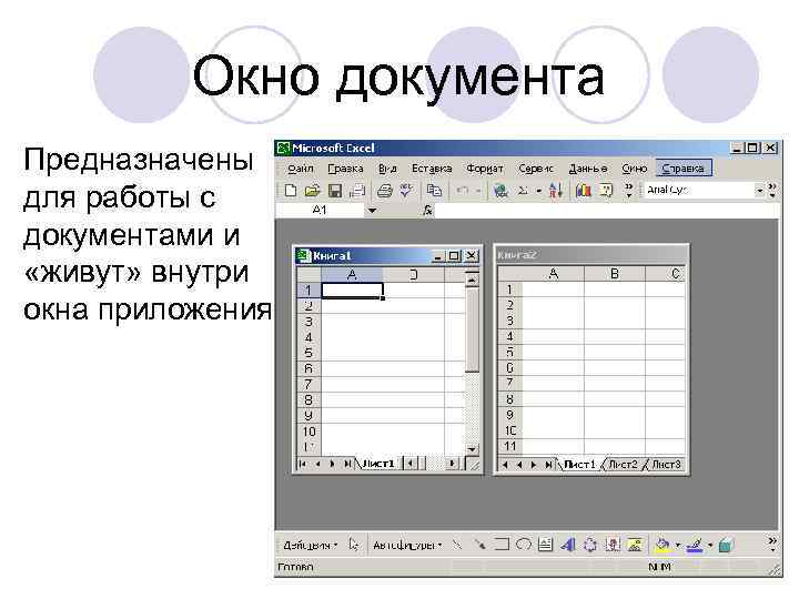 Окно документа Предназначены для работы с документами и «живут» внутри окна приложения. 