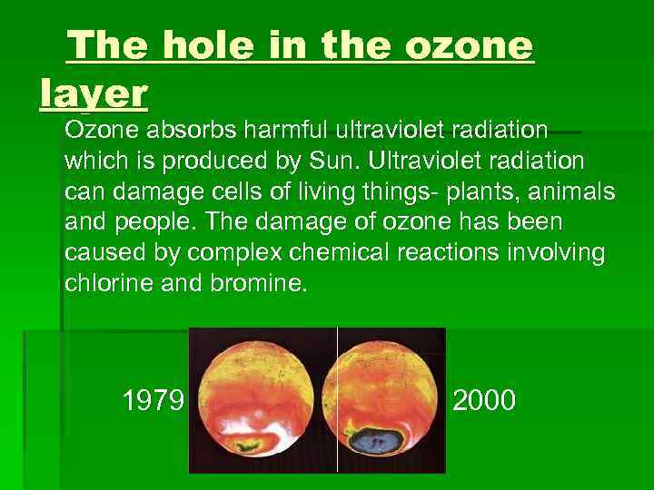 The hole in the ozone layer Ozone absorbs harmful ultraviolet radiation which is produced