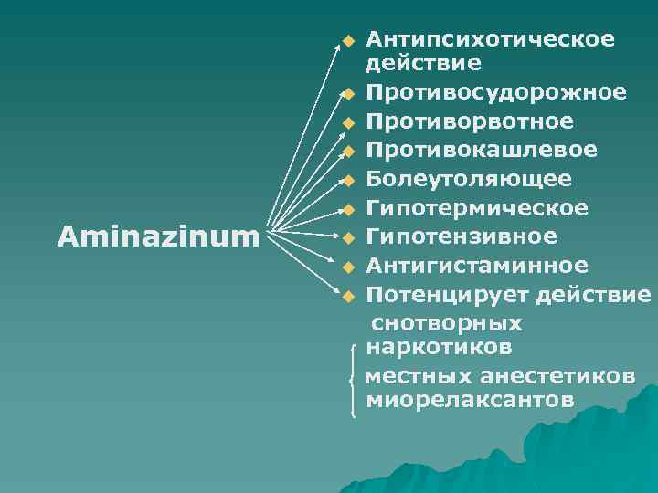 Антипсихотическое действие u Противосудорожное u Противорвотное u Противокашлевое u Болеутоляющее u Гипотермическое u Гипотензивное