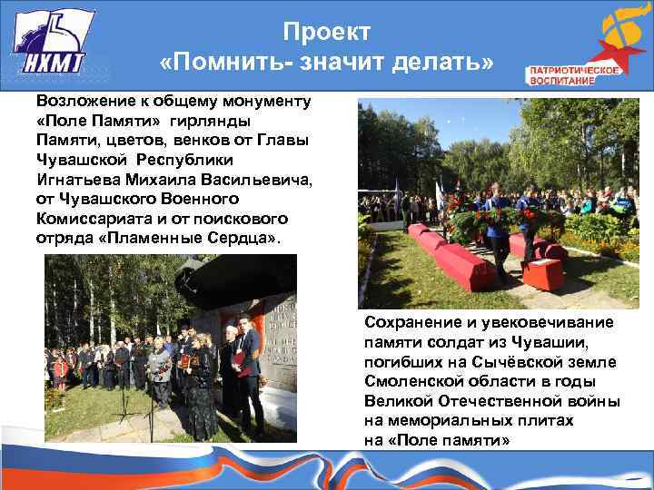 Проект «Помнить- значит делать» Возложение к общему монументу «Поле Памяти» гирлянды Памяти, цветов, венков