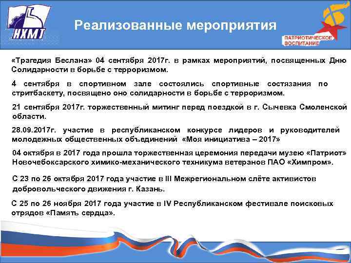 Реализованные мероприятия «Трагедия Беслана» 04 сентября 2017 г. в рамках мероприятий, посвященных Дню Солидарности
