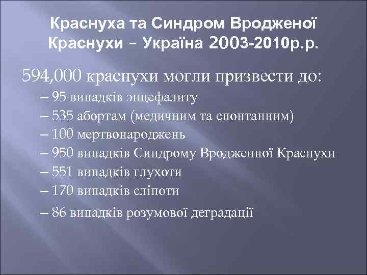Краснуха та Синдром Вродженої Краснухи – Україна 2003 -2010 р. р. 594, 000 краснухи