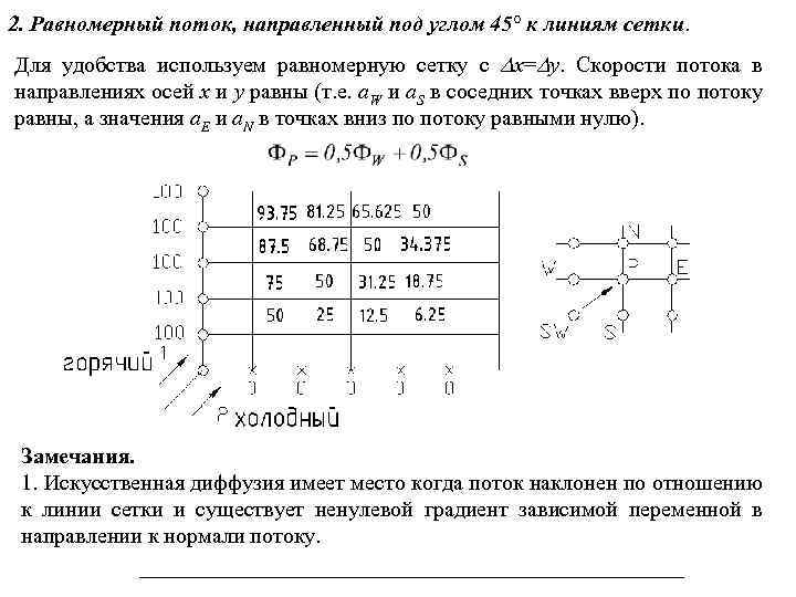 2. Равномерный поток, направленный под углом 45° к линиям сетки. Для удобства используем равномерную