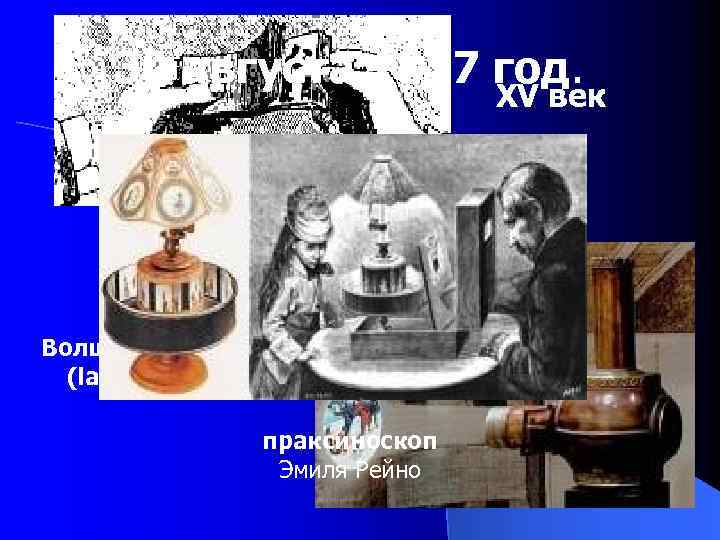 30 августа 1877 год. XV век XVII век Волшебный фонарь (laterna magica) праксиноскоп Эмиля