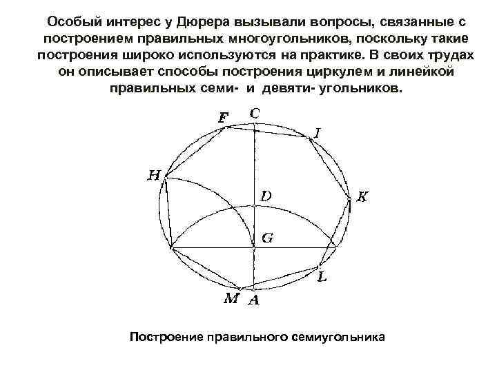 Особый интерес у Дюрера вызывали вопросы, связанные с построением правильных многоугольников, поскольку такие построения