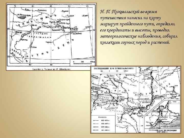 Н. П. Пржевальский во время путешествия наносил на карту маршрут пройденного пути, определял его