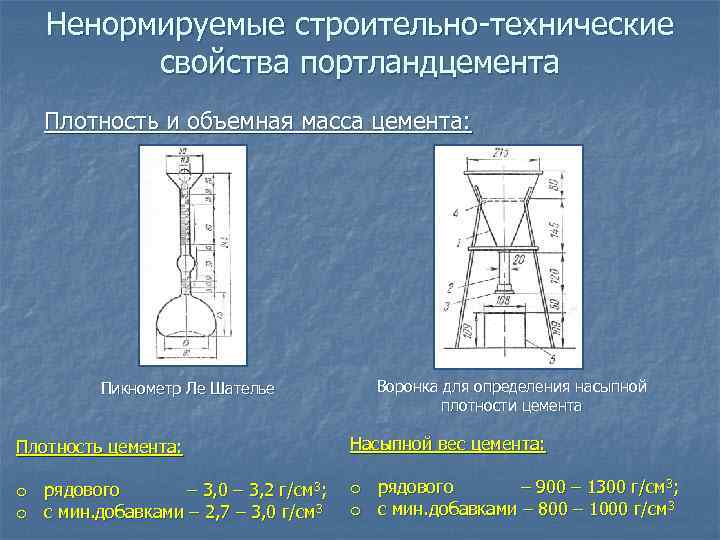 Ненормируемые строительно-технические свойства портландцемента Плотность и объемная масса цемента: Пикнометр Ле Шателье Воронка для