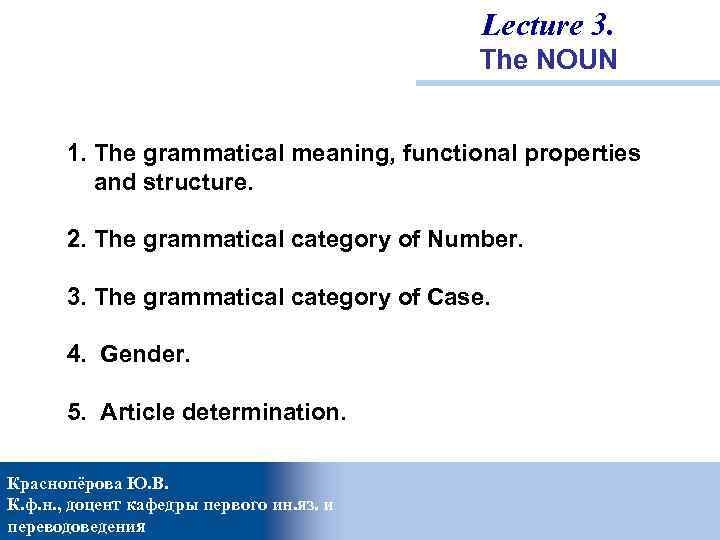 Lecture 3. The NOUN 1. The grammatical meaning, functional properties and structure. 2. The