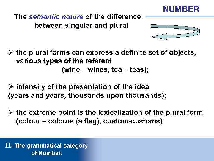 The semantic nature of the difference between singular and plural NUMBER Ø the plural