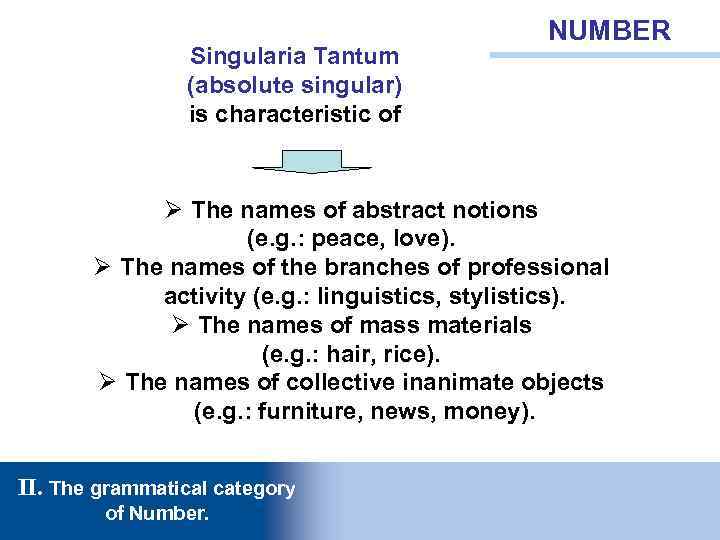 Singularia Tantum (absolute singular) is characteristic of NUMBER Ø The names of abstract notions