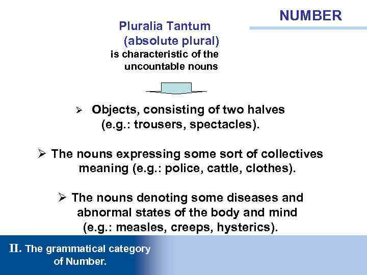 Pluralia Tantum (absolute plural) NUMBER is characteristic of the uncountable nouns Ø Objects, consisting