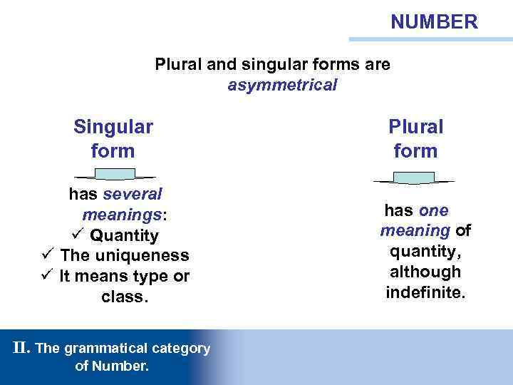 NUMBER Plural and singular forms are asymmetrical Singular form has several meanings: ü Quantity