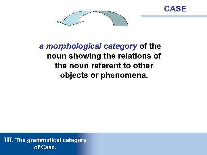 CASE a morphological category of the noun showing the relations of the noun referent