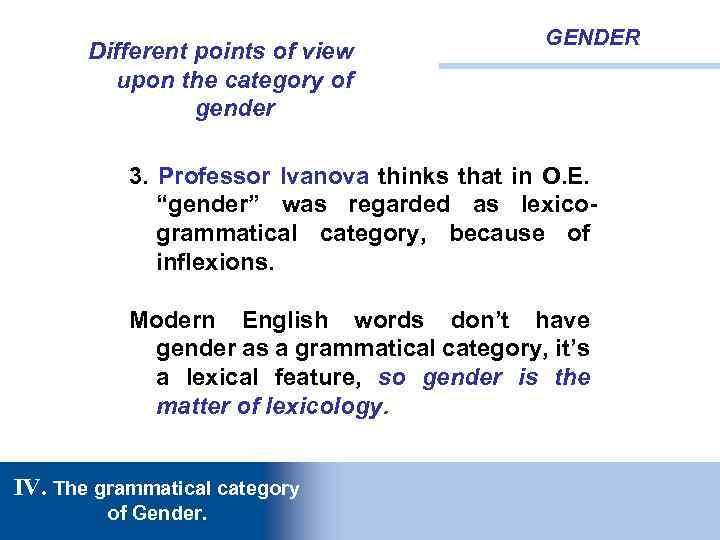 Different points of view upon the category of gender GENDER 3. Professor Ivanova thinks