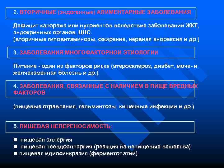 2. ВТОРИЧНЫЕ (эндогенные) АЛИМЕНТАРНЫЕ ЗАБОЛЕВАНИЯ Дефицит калоража или нутриентов вследствие заболеваний ЖКТ, эндокринных органов,
