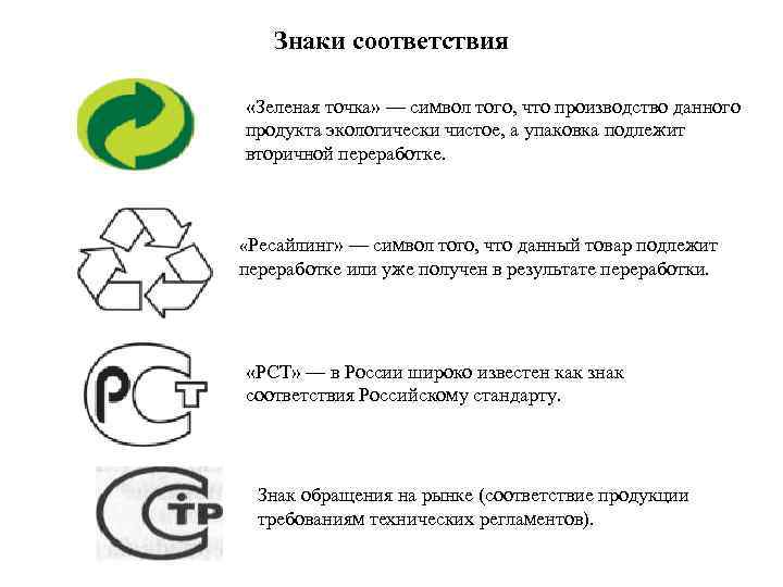 Знаки соответствия «Зеленая точка» — символ того, что производство данного продукта экологически чистое, а