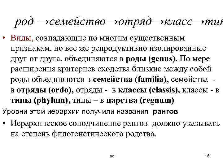 род →семейство→отряд→класс→тип • Виды, совпадающие по многим существенным признакам, но все же репродуктивно изолированные