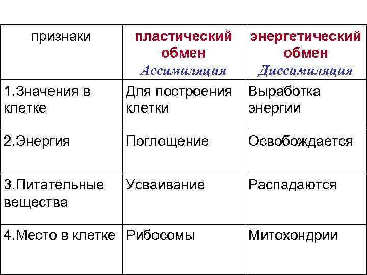 признаки 1. Значения в клетке пластический энергетический обмен Ассимиляция Диссимиляция Для построения Выработка клетки