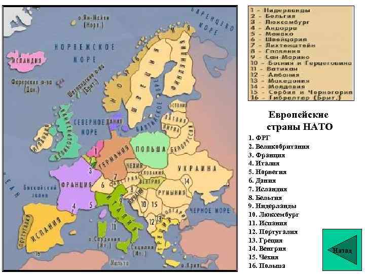 Европейские страны НАТО 1. ФРГ 2. Великобритания 3. Франция 4. Италия 5. Норвегия 6.