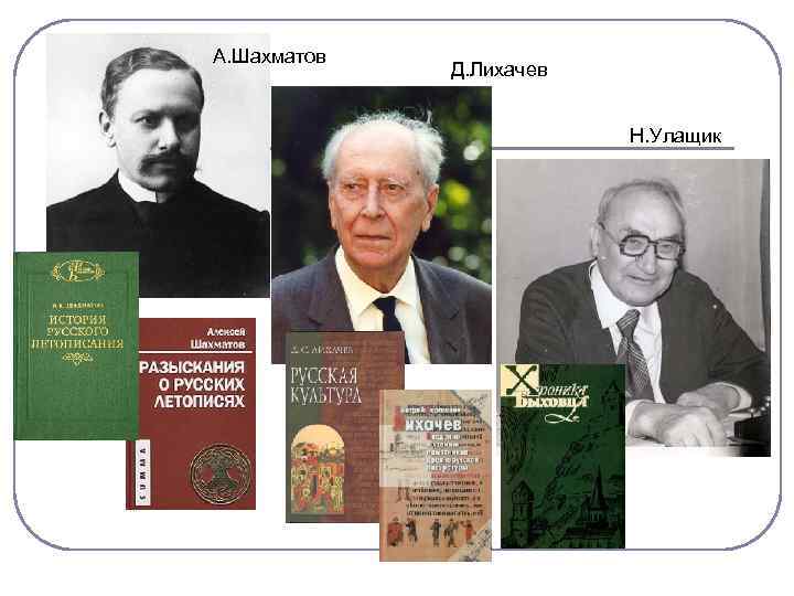 А. Шахматов Д. Лихачев Н. Улащик 