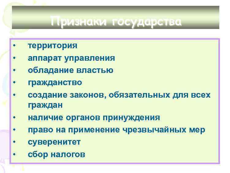 Признаки государства • • • территория аппарат управления обладание властью гражданство создание законов, обязательных