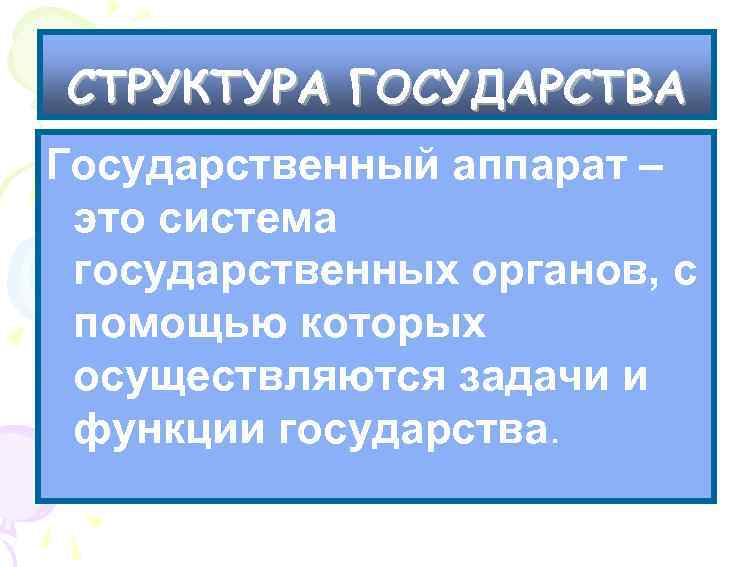 СТРУКТУРА ГОСУДАРСТВА Государственный аппарат – это система государственных органов, с помощью которых осуществляются задачи