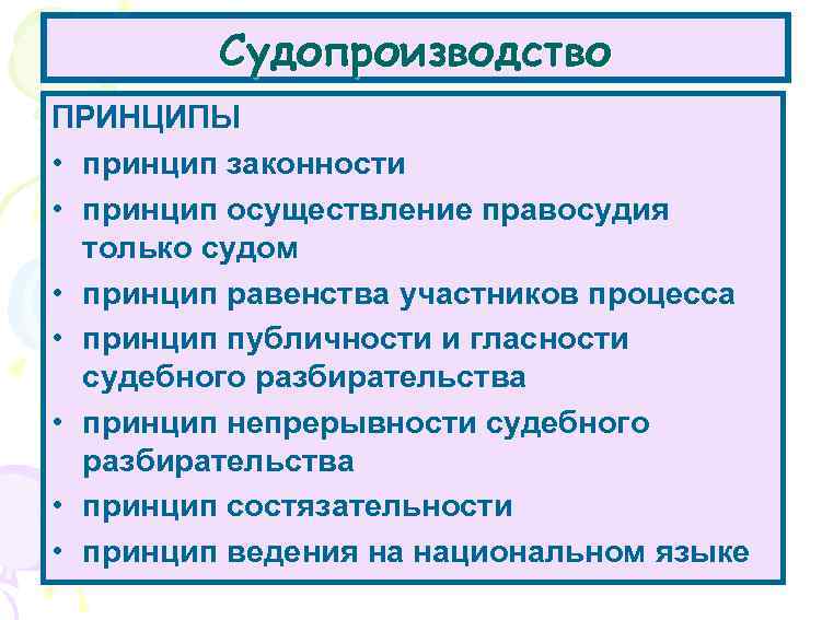 Судопроизводство ПРИНЦИПЫ установленный законом порядок • принцип законности возбуждения, расследования, • принцип осуществление правосудия