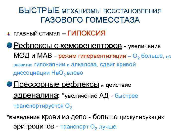 БЫСТРЫЕ МЕХАНИЗМЫ ВОССТАНОВЛЕНИЯ ГАЗОВОГО ГОМЕОСТАЗА ГЛАВНЫЙ СТИМУЛ – ГИПОКСИЯ Рефлексы с хеморецепторов - увеличение