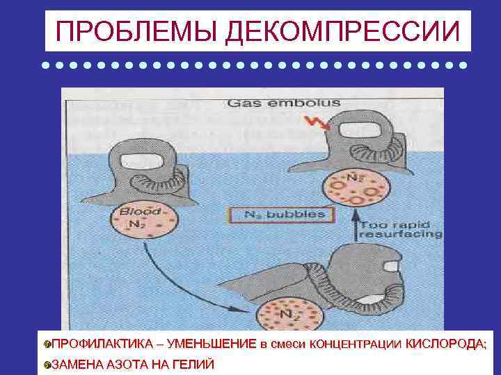 ПРОБЛЕМЫ ДЕКОМПРЕССИИ ПРОФИЛАКТИКА – УМЕНЬШЕНИЕ в смеси КОНЦЕНТРАЦИИ КИСЛОРОДА; НАРКОТИЧЕСКОЕ ДЕЙСТВИЕ АЗОТА, ОБРАЗОВАНИЕ ПУЗЫРЬКОВ