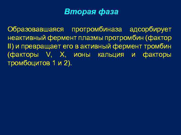 Вторая фаза Образовавшаяся протромбиназа адсорбирует неактивный фермент плазмы протромбин (фактор II) и превращает его