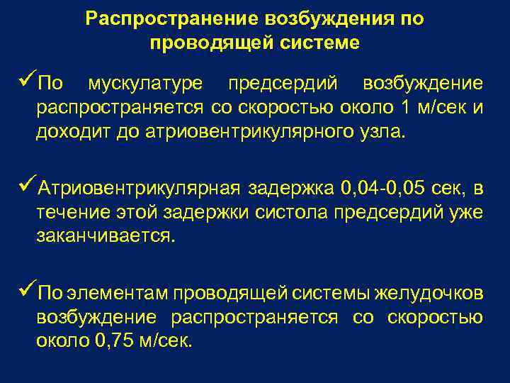 Распространение возбуждения по проводящей системе üПо мускулатуре предсердий возбуждение распространяется со скоростью около 1