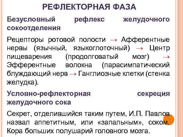 РЕФЛЕКТОРНАЯ ФАЗА Безусловный сокоотделения рефлекс желудочного Рецепторы ротовой полости → Афферентные нервы (язычный, языкоглоточный)