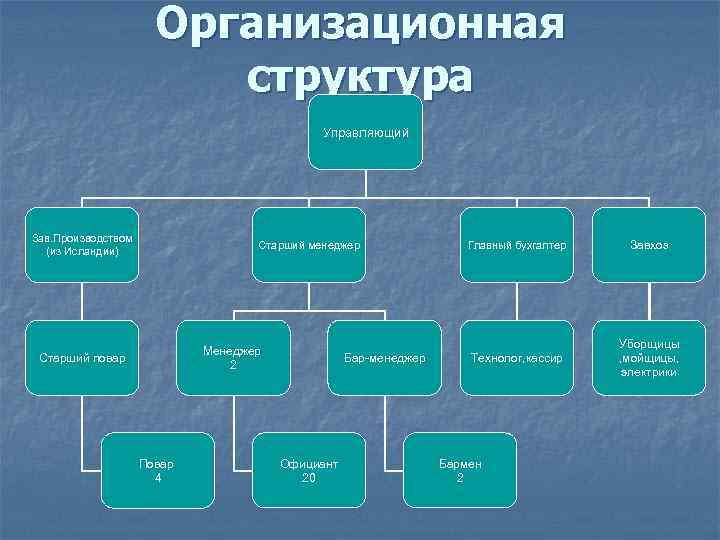 Организационная структура Управляющий Зав. Производством (из Исландии) Старший менеджер Менеджер 2 Старший повар Повар