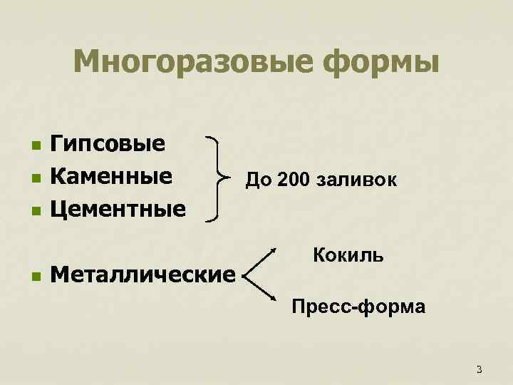  Многоразовые формы n Гипсовые n Каменные До 200 заливок n Цементные Кокиль n