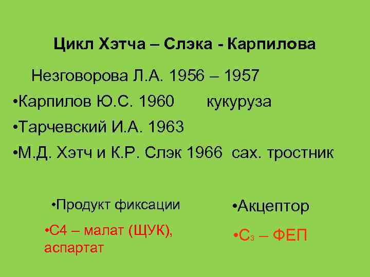 Цикл Хэтча – Слэка - Карпилова Незговорова Л. А. 1956 – 1957 • Карпилов