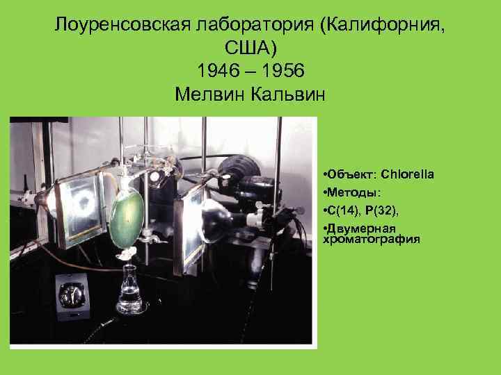 Лоуренсовская лаборатория (Калифорния, США) 1946 – 1956 Мелвин Кальвин • Объект: Chlorella • Методы: