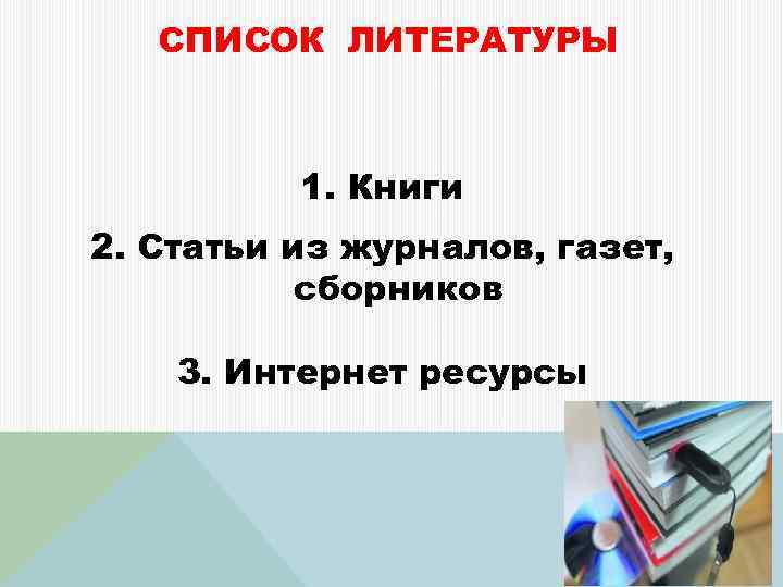 СПИСОК ЛИТЕРАТУРЫ 1. Книги 2. Статьи из журналов, газет, сборников 3. Интернет ресурсы 21