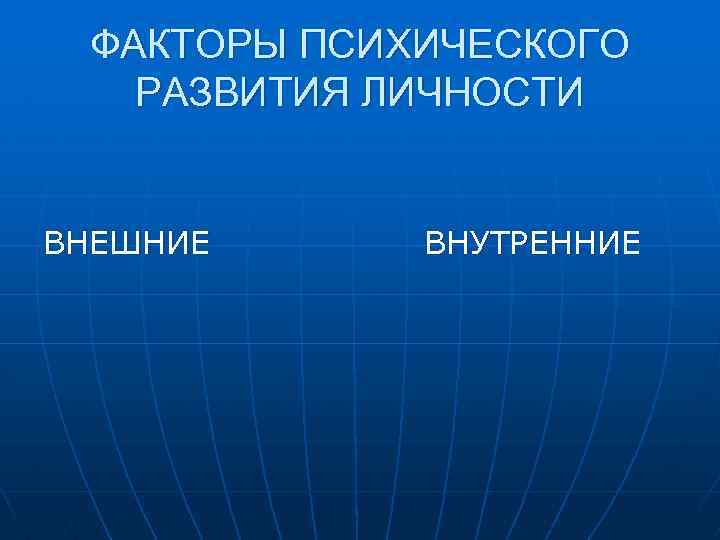 ФАКТОРЫ ПСИХИЧЕСКОГО РАЗВИТИЯ ЛИЧНОСТИ ВНЕШНИЕ ВНУТРЕННИЕ 