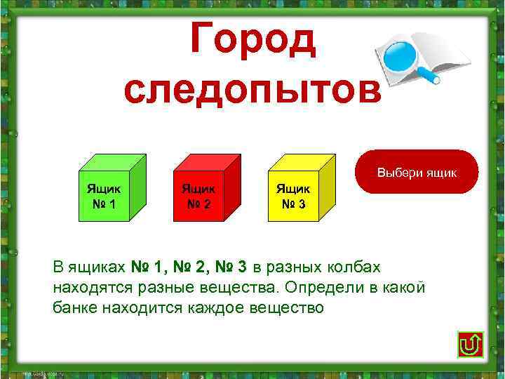  Город следопытов Выбери ящик Ящик № 1 № 2 № 3 В ящиках