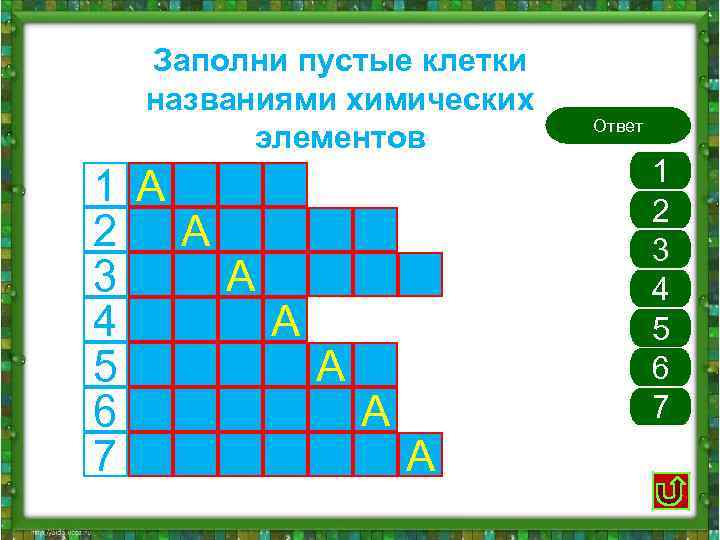  Заполни пустые клетки названиями химических Ответ элементов 1 1 АЗ ОТ 2 2