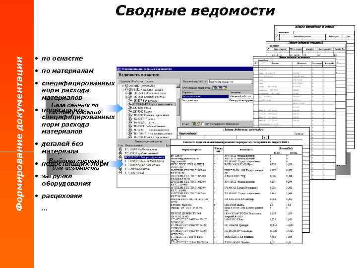 Формирование документации Сводные ведомости • по оснастке • по материалам • специфицированных норм расхода