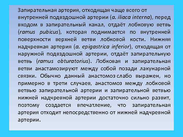 Запирательная артерия, отходящая чаще всего от внутренней подвздошной артерии (a. iliaca interna), перед входом