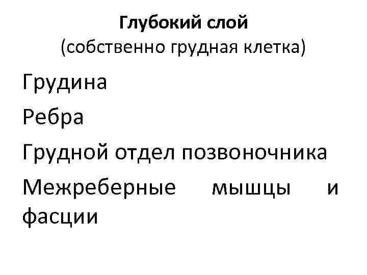 Глубокий слой (собственно грудная клетка) Грудина Ребра Грудной отдел позвоночника Межреберные мышцы и фасции