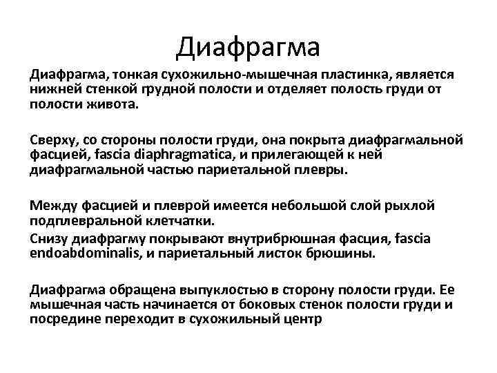 Диафрагма, тонкая сухожильно-мышечная пластинка, является нижней стенкой грудной полости и отделяет полость груди от