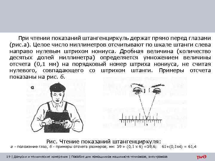 При чтении показаний штангенциркуль держат прямо перед глазами (рис. а). Целое число миллиметров отсчитывают