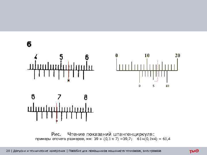 Рис. Чтение показаний штангенциркуля: примеры отсчета размеров, мм: 39 + (0, 1 х 7)
