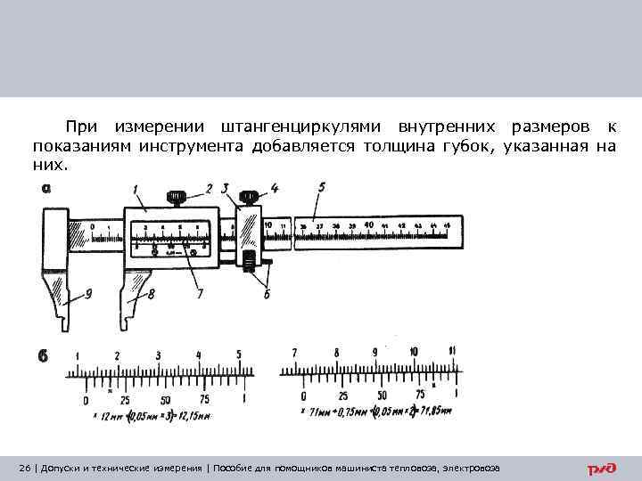 При измерении штангенциркулями внутренних размеров к показаниям инструмента добавляется толщина губок, указанная на них.