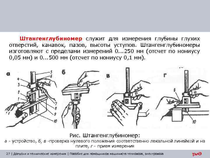 Штангенглубиномер служит для измерения глубины глухих отверстий, канавок, пазов, высоты уступов. Штангенглубиномеры изготовляют с