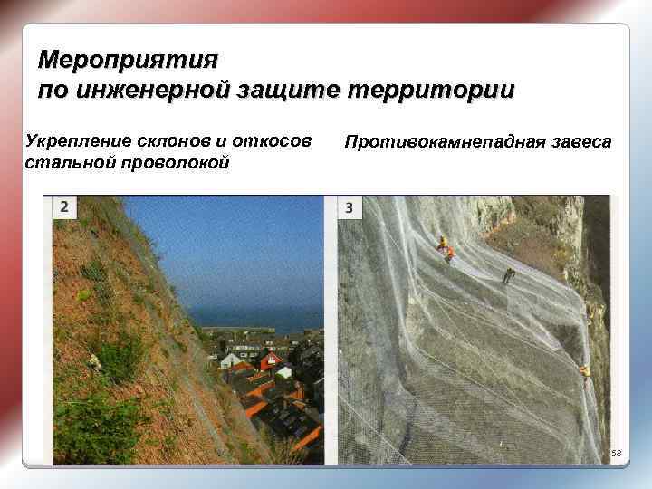 Мероприятия по инженерной защите территории Укрепление склонов и откосов стальной проволокой Противокамнепадная завеса 58